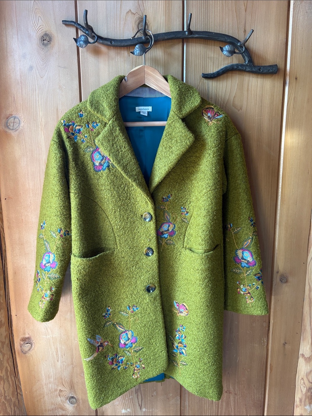 Sundance Olive Green Embroidered Wool Coat with Teal Lining PXXS